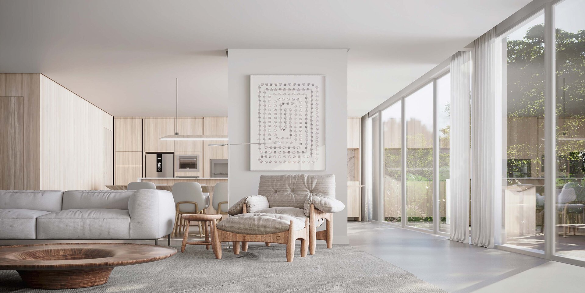 Living moderno com sofás e janelões panorâmicos