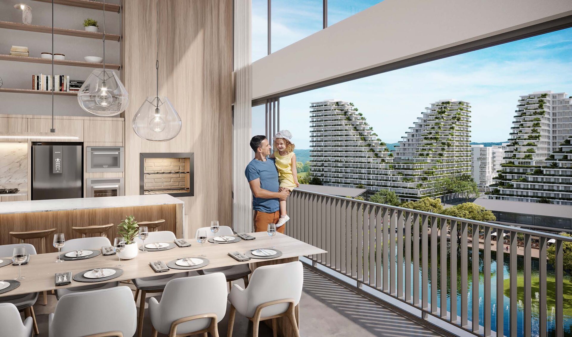 Varanda com mesa de refeições e vista para o parque